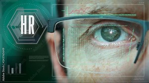 A close up of a businessman eye controlling a futuristic computer system with a Business HR concept.