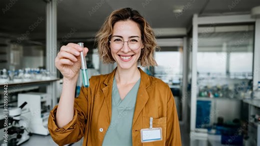 Young scientist in lab coat proudly holding a vial, bright research environment highlighting innovation, discovery, and female leadership in STEM for technology brands and education storytelling with