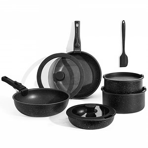 Aidoly Pots and Pans, 12 Pcs Nonstick Kitchen Cookware Sets with Removable Handle, Stackable, Black