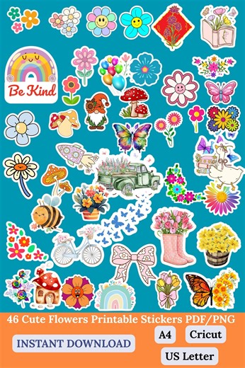 Floral Stickers, Cute Flower Decals for Planner, Journal (PDF, PNG) - Etsy