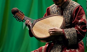 A man plays a traditional lute with intricate carvings and strings