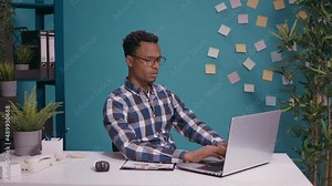 Exhausted worker doing timeout sign with hands in front of laptop screen, showing t shape symbol to take break from business work. Tired person hoping for pause after being overworked.