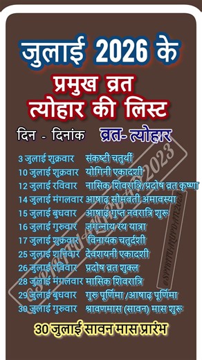 List of Major Vrat Festivals for July 2026 | July 2026 ke vrat tyohar #july#2026#shorts#shortvideo