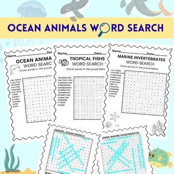 Ocean Animals Word Search Bundle Printable Worksheets, 16 Pages