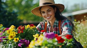 Cheerful woman wearing a straw hat and overalls is tending to a vibrant flower bed, her genuine smile reflecting the joy of gardening