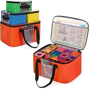4 Pack Toy Storage Bag for Magnetic Building Tiles, Multifunction Toy Storage Organizer Bag, Magnetic Blocks Tiles Travel Bag Case with Visible Top for Building Blocks, Board Game