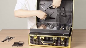 MoyRetty Professional Barber Case Organizer(16.34*11.81inch), Large Storage Capacity Suitcase, Travel Hair Stylist Tool Box with Compartments Gold & Black