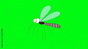 Flying mosquito animated. Animation of vector illustration in hand-drawn cartoon style. Infinite loop 4K video isolated on green background.