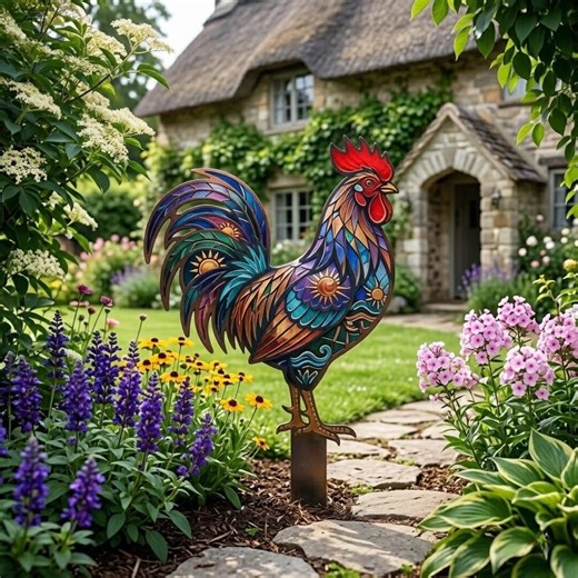 Stained Glass Rooster Metal Art - Colorful Garden Sculpture, Handcrafted Outdoor Decor, Unique Rooster Statue - Etsy