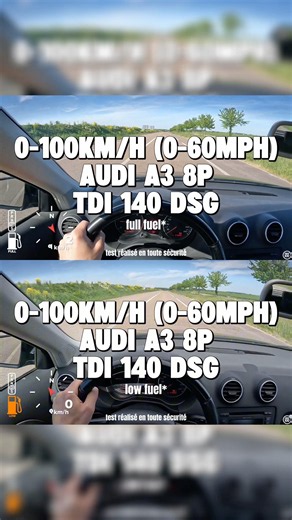 0-100 km/h (0-60 mph) AUDI A3 8P 2.0 TDI 140hp DSG with and without a full tank of fuel #audi #au...