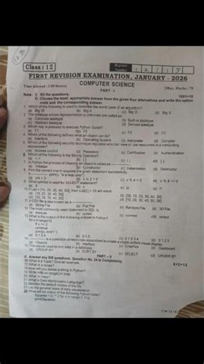 Computer science class 12 first revision chennai district question paper #questionpaper#tngovt #exam
