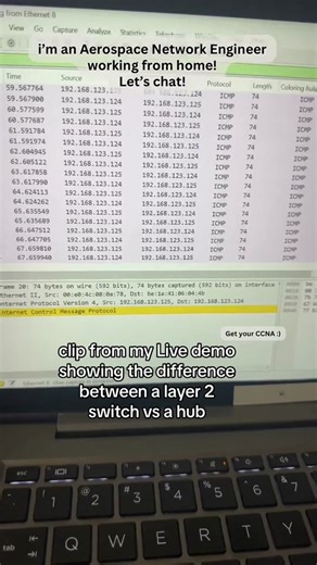 a practical demo showing switch behavior vs hub behavior! (why talk about hubs, you ask? because it’s helpful to learn both the OSI model and a good foundation on networking basics 😉 ) #LIVE #networkengineer #ethernet #homelab #TikTokLIVE #LIVEhighlights