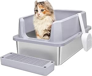 RIZZARI Stainless Steel Cat Litter Box, Litter Box with Raised Edges, Anti-Leakage & Odorless, Easy to Clean, Large Litter Box for Small to Large Sized Cats (Light Gray)