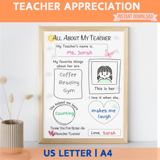 All About My Teacher Printable | Teacher Appreciation Gift From Kids | End of Year Thank You Card | Fill in the Blank Worksheet | Printable - Etsy