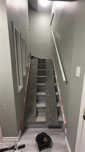 Full Box Step & Stringer Carpet Install. If youre looking to add some comfort to your basement steps carpet can be a great affordable way to brighten them up. • Contact aubertflooring@Gmail.com to get your free estimate today!