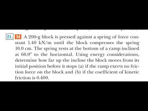 A 200 -g block is pressed against a spring of force constant 1.40 until the block compresses the spr