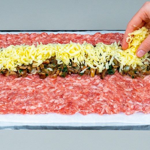 Old German recipe, with minced meat, from grandfather's book! Ingredients: minced meat: 700 g (25 oz) eggs: 1 pc black pepper: 2 g (0.1 oz) salt: 5 g (0.2 oz) onion: 1 pc brown mushrooms: 200 g (7.1 oz) salt: 5 g (0.2 oz) black pepper: 2 g (0.1 oz) parsley: 30 g (1.1 oz) mozzarella: 200 g (7.1 oz) potatoes: 1 pc scallions: 15 g (0.5 oz) red onion: 1 pc carrot: 1 pc red bell pepper: 1 pc salt: 3 g (0.1 oz) black pepper: 2 g (0.1 oz) eggs: 3 pc salt: 5 g (0.2 oz) milk: 200 ml (6.8 fl oz) flour: 10