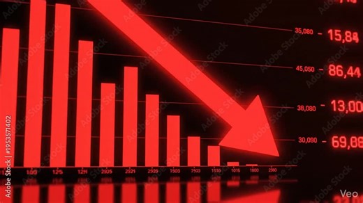 Financial economic crisis concept with a red declining arrow over a falling bar graph illustrating a stock market crash, bankruptcy, and negative global business downtrend symbol in 4K resolution.