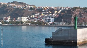Ferry ship from Tenerife enters the port of San Sebastian city on La Gomera island, Canary islands, Atlantic ocean, Spain