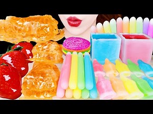 ASMR RAINBOW FOOD FROZEN WAX CANDY CUP, HONEYCOMB TANGHULU, CANDIED FRUIT STRAWBERRY EATING MUKBANG