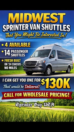 🚐🔥 MIDWEST SPRINTER VAN SHUTTLES AVAILABLE 🔥🚐 4 brand new 14-passenger Sprinter shuttles available — freshly built on 2024 chassis with zero miles. I can get one delivered to you for $130K, and wholesale pricing is available for business buyers. Perfect for limo services, shuttle companies, or anyone building a serious transport or van life business. 💰 Limited inventory — first come, first served. #vanlife #sprintervan #sprinterlife #limoservice #mercedes