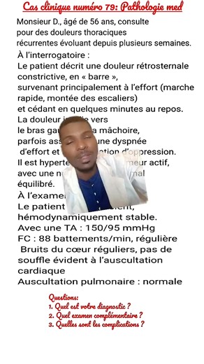 Cas clinique numéro 79: de quoi ce patient hypertendu connu fumeur actif avec notion de diabète mal équilibré se présentant dans ce tableau de douleurs thoracique recourentes survenant à l'effort et disparaissent au repos ? ? Vos réponses en commentaire ! #casclinique #etudiant #medecine #tiktosanté #visibilite