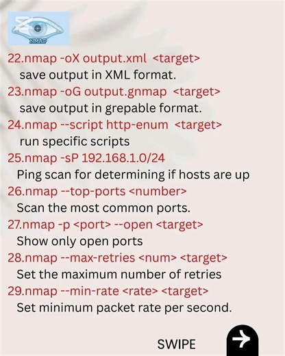 🧿 Nmap Commands — Understand the Network Before You Touch It 🔍📡 Quick reference to map hosts, services, OS, and possible vulnerabilities — always run Nmap only on systems you own or have explicit permission to test. | Cybersecurity by CyberKid