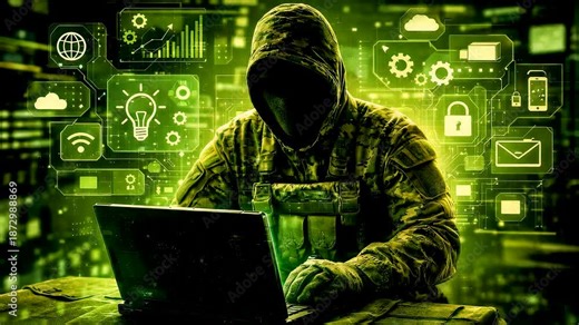 Cyber criminal operating laptop amid digital security alerts, network intrusion environment, online threat analysis and information breach activity