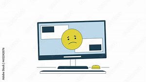 Computer problem animation. Animated sad emoticon on cracked display 2D cartoon flat colour line object. Equipment 4K video concept footage on white with alpha channel transparency for web design