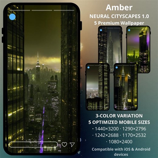 Amber Collection Bundle | Neural Cityscapes 1.0 | 5 Cyberpunk Wallpapers | Industrial Gold | iPhone & Android - Etsy