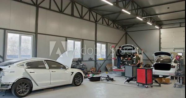 A clean, modern auto repair workshop with mechanics fixing cars after an accident. The spacious garage houses vehicles undergoing repair and maintenance. Modern Auto Repair Workshop With Cars