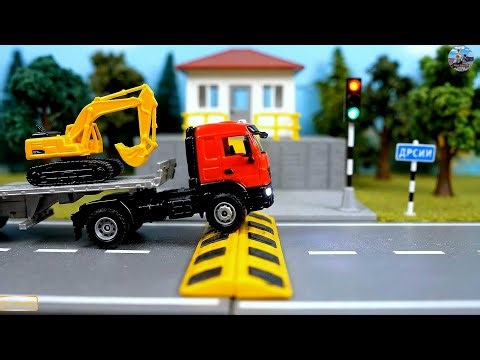 Cars driving over speed bumps, police cars, dump trucks, ambulances, buses, concrete mixers