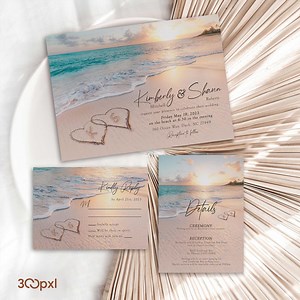 Beach Wedding Invitation Set, Turquoise Sunset Ocean Theme, Hearts Sand Design - Etsy