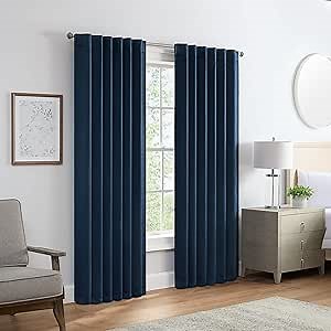 Eclipse Langley Solid Tripleweave Room Darkening Rod Pocket Window Curtains (2 Panels), 52 in x 63 in, Navy