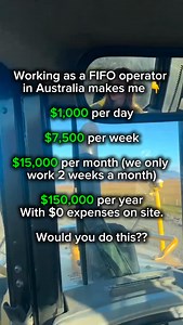 8.5K views · 4K reactions | Do you want to become a FIFO Operator?  IFO operators in Australia play a key role in the mining industry, running massive haul trucks and heavy machinery that keep production moving. The job is roster-based, usually two weeks on and two weeks off, meaning you work hard on site but also get plenty of time off at home. With all meals and accommodation covered, operators can save big while earning around $150,000 a year. | FIFO Australia | Facebook