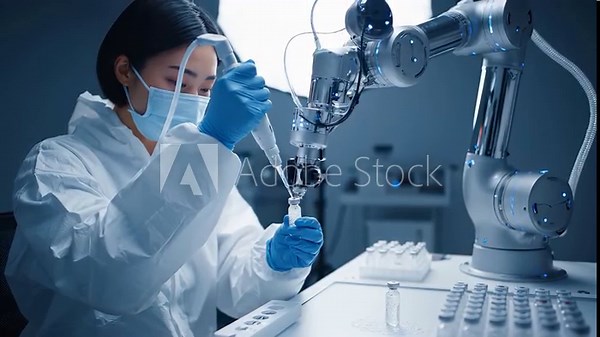 a biomedical researcher in a cleanroom pipetting beside an AI-guided robotic arm, micro-condensation on a chilled vial