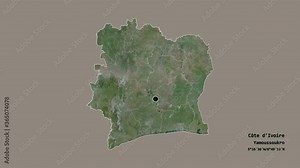 Gôh-Djiboua, district of Côte d'Ivoire, with its capital, localized, outlined and zoomed with informative overlays on a satellite map in the Stereographic projection. Animation 3D