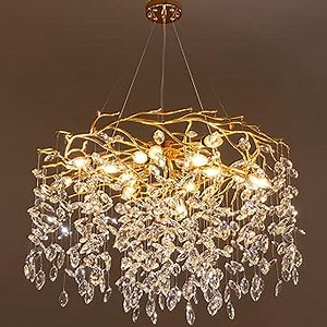 TOCHIC Modern Gold Crystal Chandelier, 31.5" Round Tree Branch Chandelier Linear Raindrop Chandeliers Hanging Pendant Light Fixture for Dining Living Room Kitchen Island Entryway Foyer
