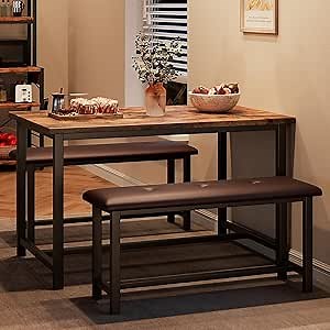 GarveeHome Dining Table Set for 4, Kitchen Table with 2 Upholstered Benches, Wood Kitchen Dining Room Set, for Small Space, Apartment, Home, Dinner, Retro Brown