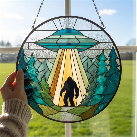 Funny UFO Abduction Bigfoot Stained Glass Suncatcher, Funny Alien Abduction Art, Cryptid Window Hanging, Sasquatch Lover Gift, Sci-fi Decor - Etsy