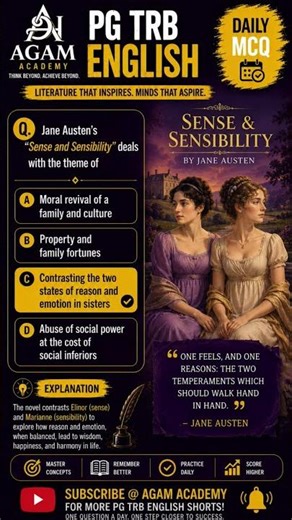Sense and Sensibility Theme Explained | Jane Austen MCQ | PG TRB English #shorts