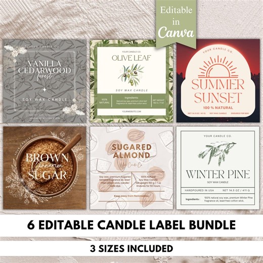 Editable Candle Label Templates Canva | Candle Branding Kit | Custom Candle Jar Product Labels   Care Card | Printable 2x2 2.5x2.5 3x3 Pack! - Etsy