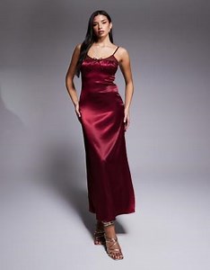 Brave Soul satin strappy maxi dress with lace detail in burgundy | ASOS