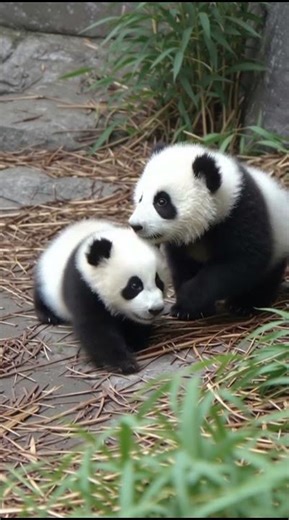 Dos pandas bebés jugando Como si nada importara