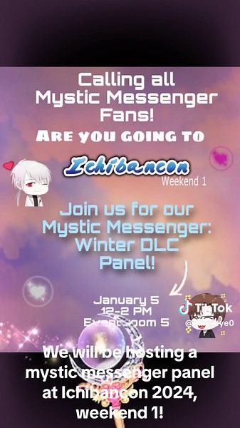 Join us at Ichibancon weekend 1 for our Mystic Messenger panel! 🌸Play games, watch skits, and ask your favorite characters questions! 🌸Win handmade prizes made by the panelists! 🌸We will have the FULL cast (including Vanderwood) and 2 hours of activities. #Ichibancon weekend 1 Event room 5 Friday January 5 12-2 PM See you there! 🌸 #juminhan #ichi2024 #ichibancon2024 #ichibanconlineup #ichibanconpanel #nccosplayer #northcarolina #mysticmessenger #mysticmessengercosplay #mysticmessengeredit #m