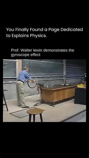 Explains Physics on Instagram: "Prof. Walter Lewin, the renowned MIT physics professor, often demonstrated the gyroscope effect in his lectures to show the fascinating laws of rotational motion. In his demonstration, he would hold a fast-spinning bicycle wheel by a handle and then let go of one side. Instead of falling due to gravity, the wheel would begin to precess—slowly rotating around a vertical axis. This surprised many students, as it clearly showed how angular momentum and torque govern 