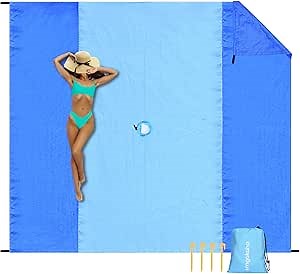 Beach Blanket with Umbrella Hole, Travel Beach Blanket Waterproof Sandproof Oversized, Comfortable Nylon Beach Mat Lightweight with 4 Stakes & 4 Corner Pockets Blue 10FT