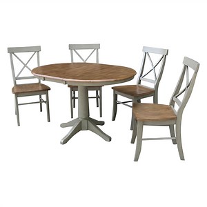 36" Round Solid Wood Extension Dining Table With 4 Cross Back Chairs in Distressed Hickory/Stone by International Concepts