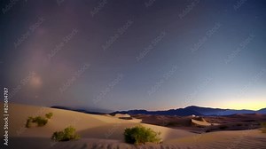 A breathtaking view of the starry night sky over desert dunes. The Milky Way is clearly visible, arching across the dark sky.