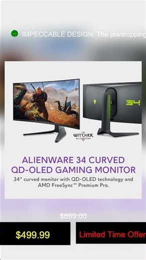 Alienware AW3423DWF Curved QD-OLED Gaming Monitor - 34-inch Quantum Dot OLED 0.1Ms 165Hz 21:9 C